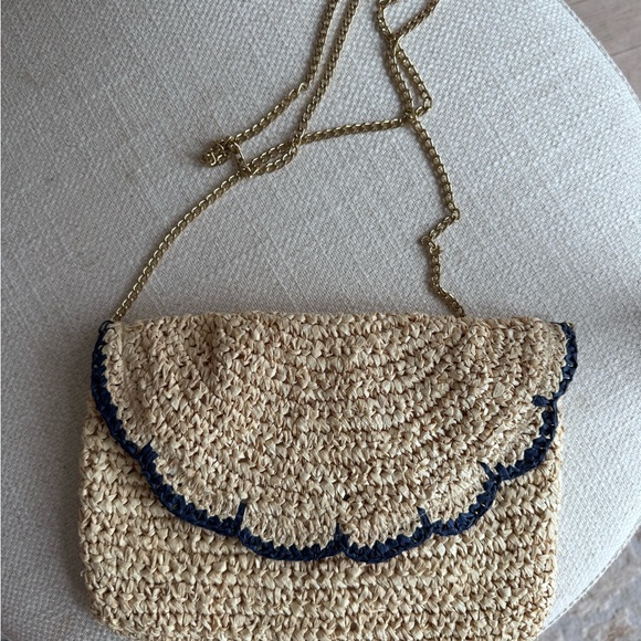 Vintage Raffia Straw Clutch Shoulder Bag Navy Scalloped Trim Coastal Beach - Picture 4 of 6